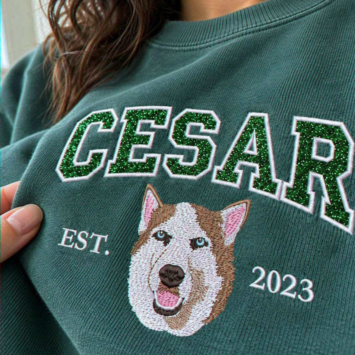 Custom Glitter Dog Sweatshirt for Dog Mom, Embroidered Pet Photo Crewneck, First Time Dog Mom Christmas Gift
