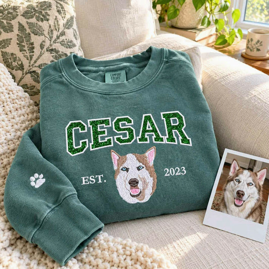 Custom Glitter Dog Sweatshirt for Dog Mom, Embroidered Pet Photo Crewneck, First Time Dog Mom Christmas Gift