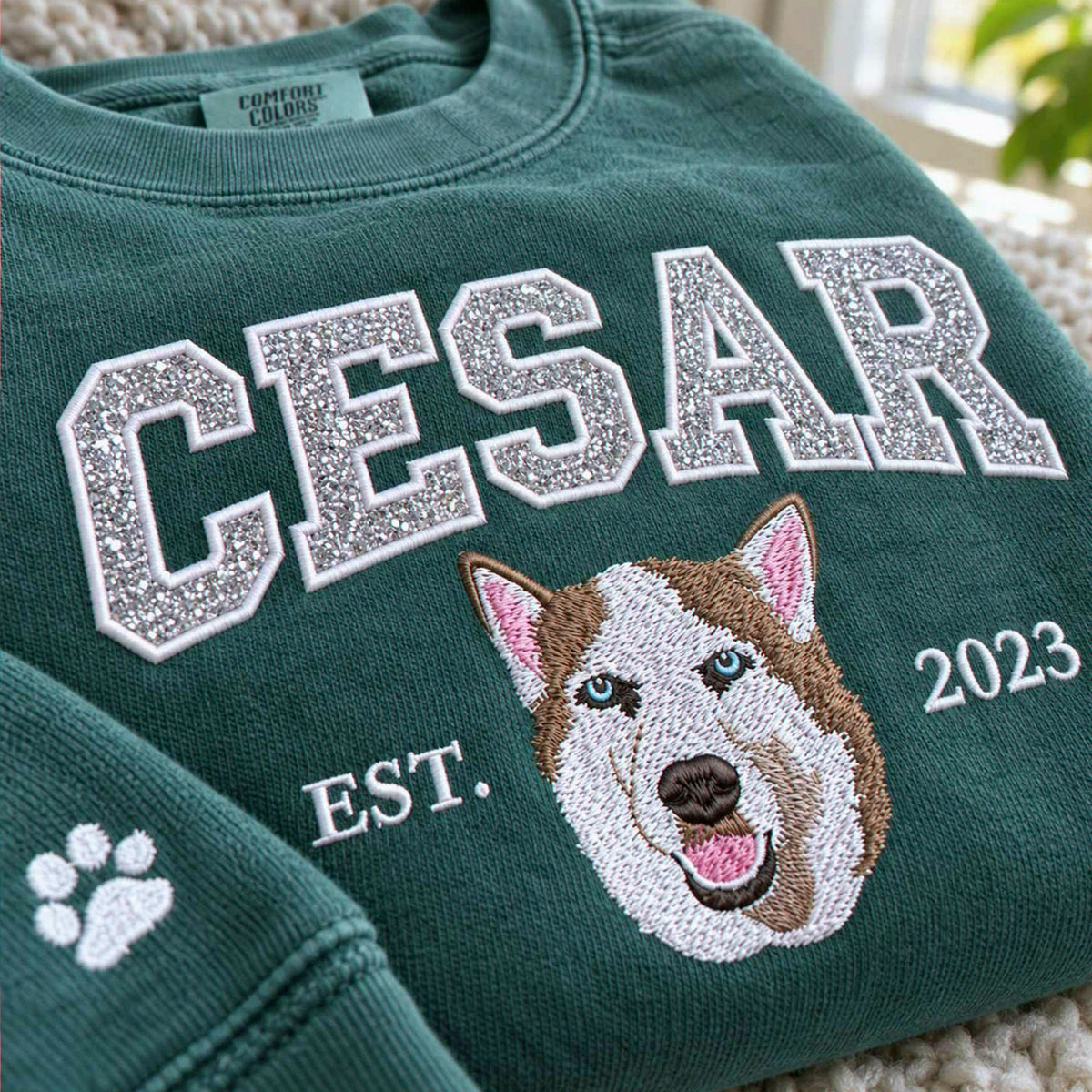 Custom Glitter Dog Sweatshirt for Dog Mom, Embroidered Pet Photo Crewneck, First Time Dog Mom Christmas Gift