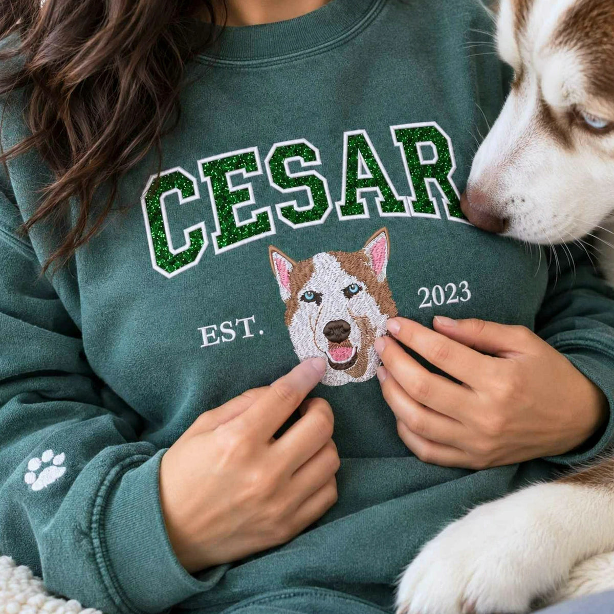 Custom Glitter Dog Sweatshirt for Dog Mom, Embroidered Pet Photo Crewneck, First Time Dog Mom Christmas Gift