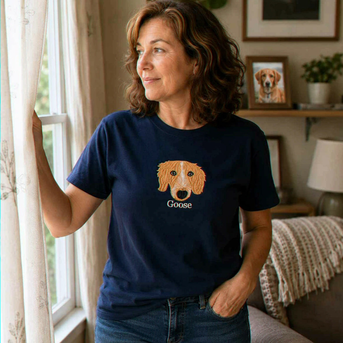 Custom Dog Memorial T-Shirt for Mom - Embroidered Pet Photo Portrait Tee & Name - Dog Loss Sympathy Gift for Her