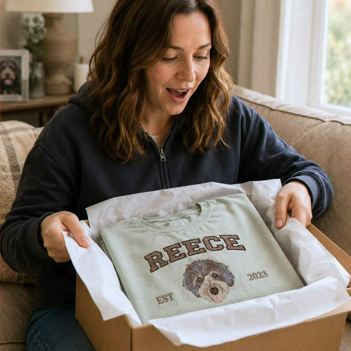 Custom Dog Memorial T-Shirt for Wife - Embroidered Pet Photo Portrait Tee & Name - Dog Loss Sympathy Gift for Her