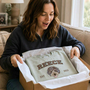 Custom Dog Memorial T-Shirt for Wife - Embroidered Pet Photo Portrait Tee & Name - Dog Loss Sympathy Gift for Her
