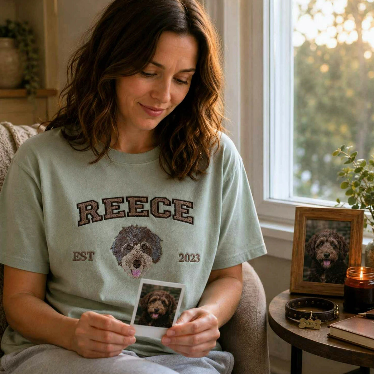 Custom Dog Memorial T-Shirt for Wife - Embroidered Pet Photo Portrait Tee & Name - Dog Loss Sympathy Gift for Her