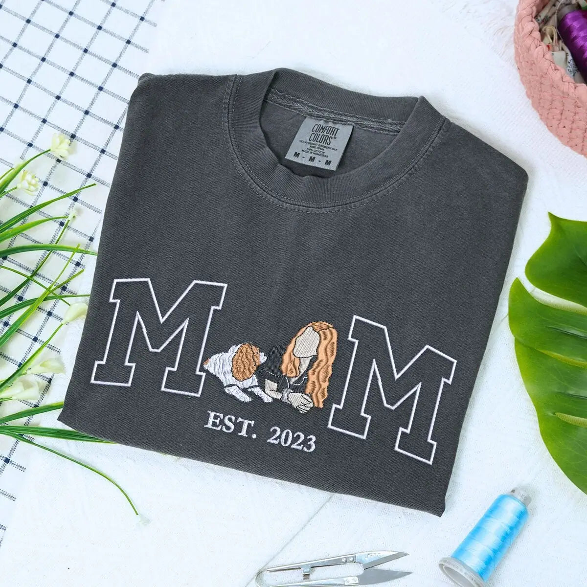 Custom embroidered t-shirt with a dog’s photo and name for dog moms, ideal personalized pet gift