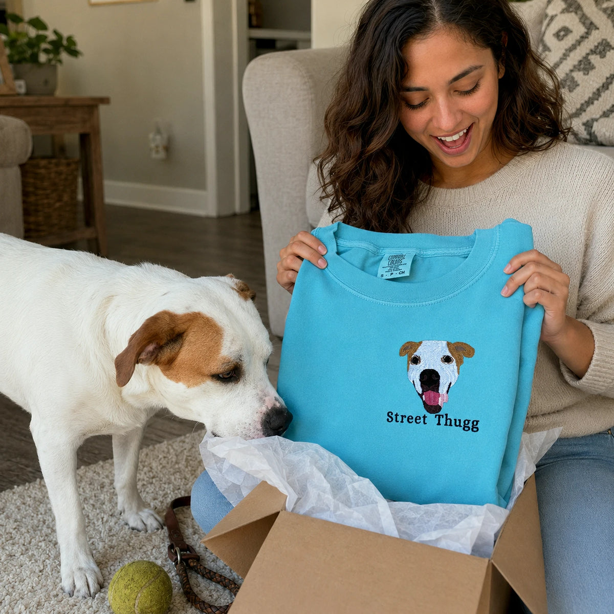 Custom Dog Portrait T-Shirt or Sweatshirt - Embroidered Photo Dog, Name for Dog Mom