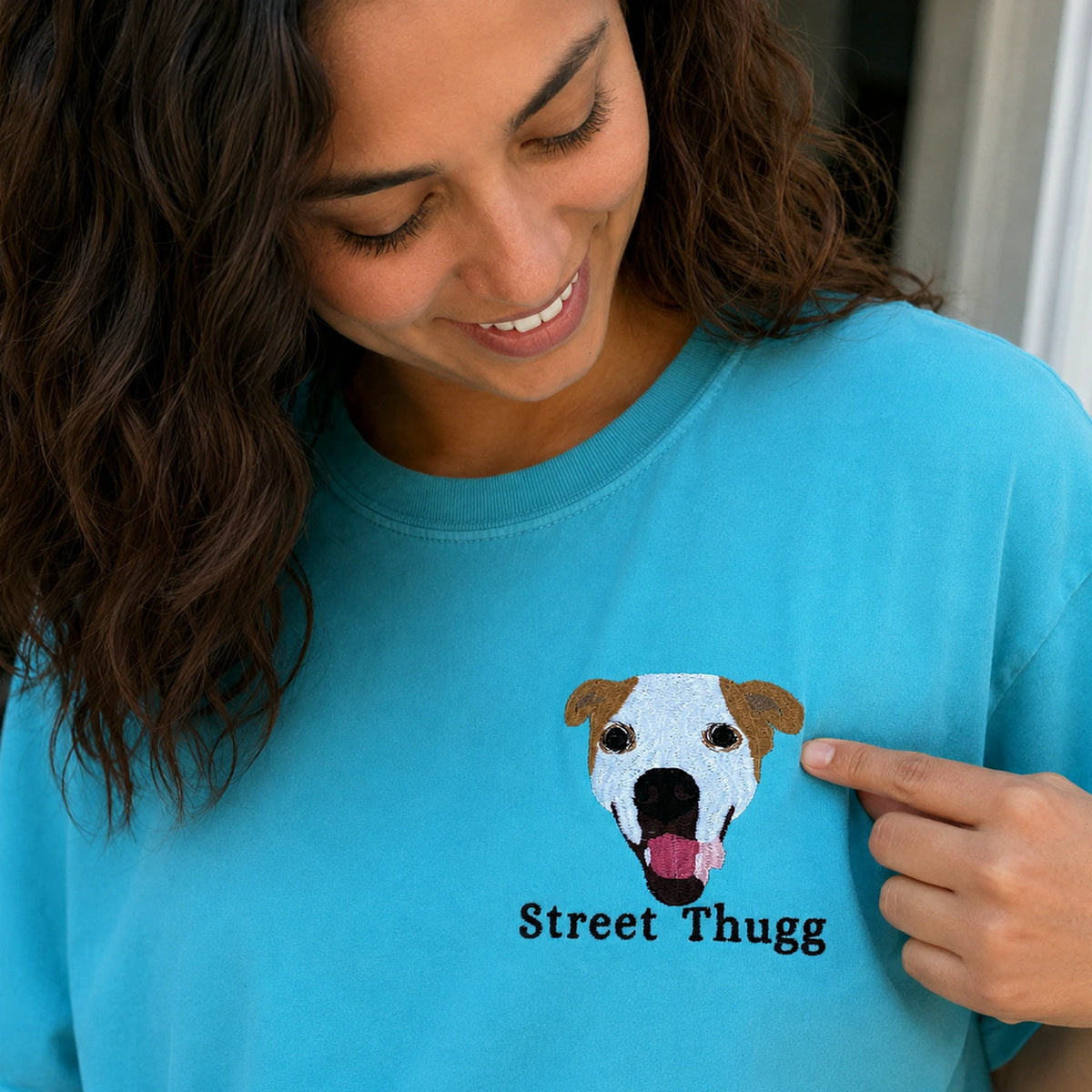 Custom Dog Portrait T-Shirt or Sweatshirt - Embroidered Photo Dog, Name for Dog Mom