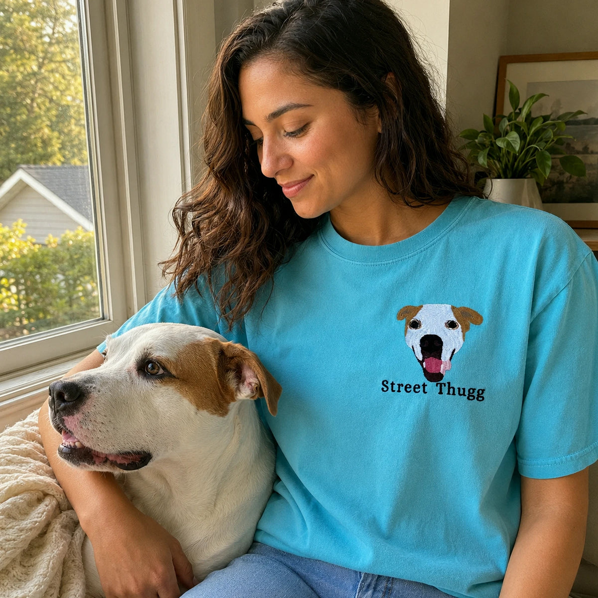Custom Dog Portrait T-Shirt or Sweatshirt - Embroidered Photo Dog, Name for Dog Mom
