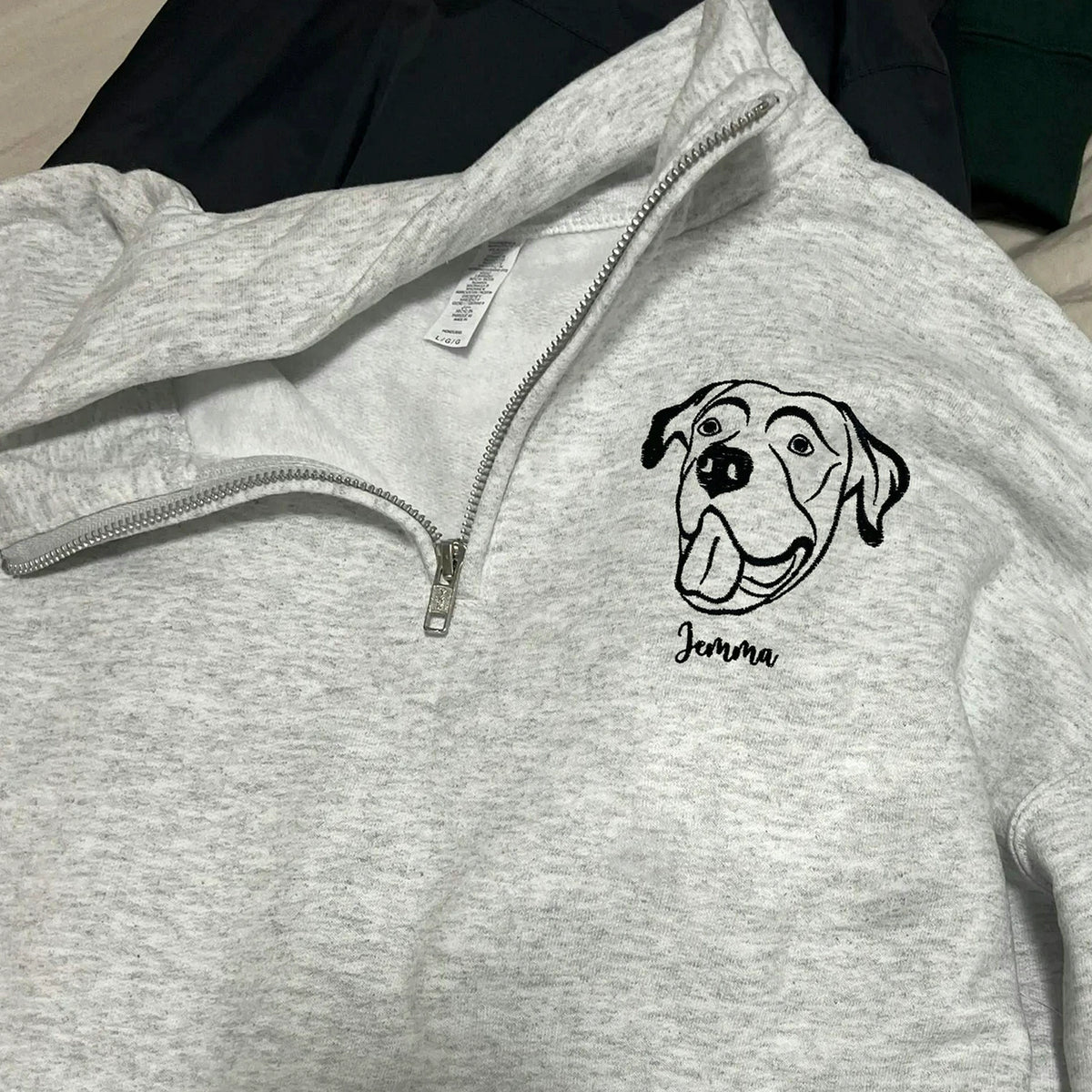 Ash Quarter Zip Sweatshirt Embroidered Dog Portrait from Photo, Gift for Dog Mom