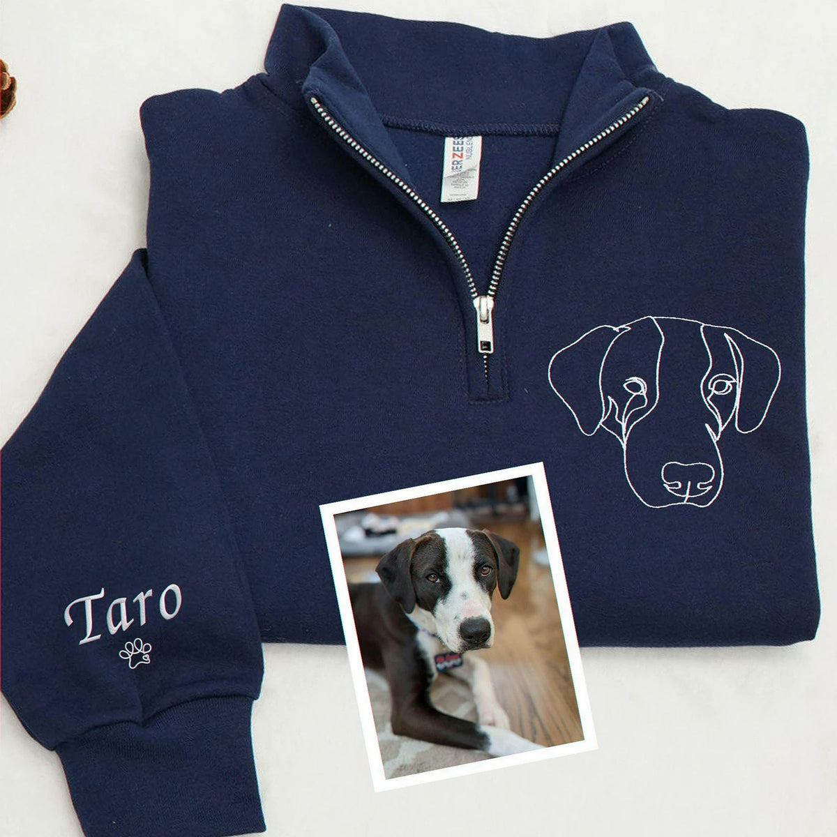 Custom Dog Outline Quarter-Zip for Birthday Mom - Minimalist Embroidered Pet Photo 1/4 Zip Pullover & Name - Gift for Her