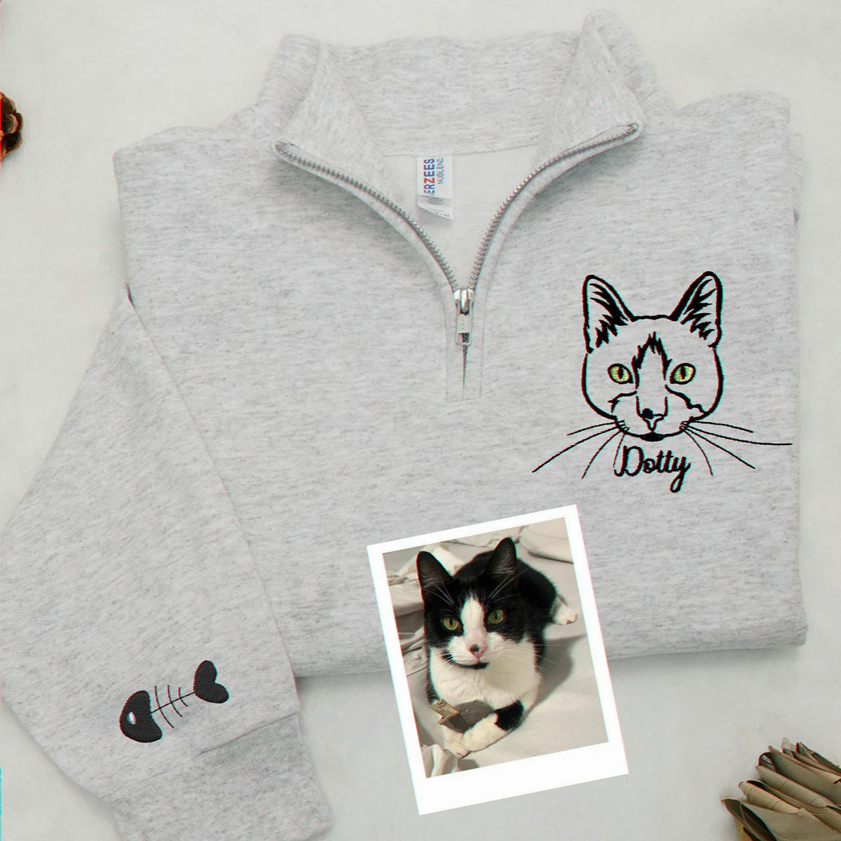 Custom Dog Outline Quarter-Zip for Birthday Mom - Minimalist Embroidered Pet Photo 1/4 Zip Pullover & Name - Gift for Her