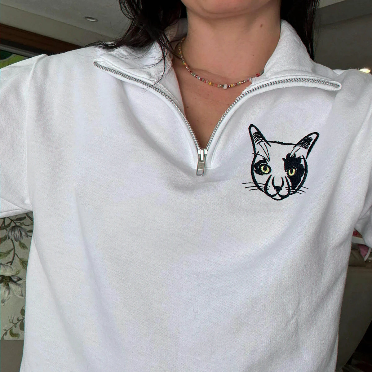 Custom Dog Outline Quarter-Zip for Birthday Mom - Minimalist Embroidered Pet Photo 1/4 Zip Pullover & Name - Gift for Her