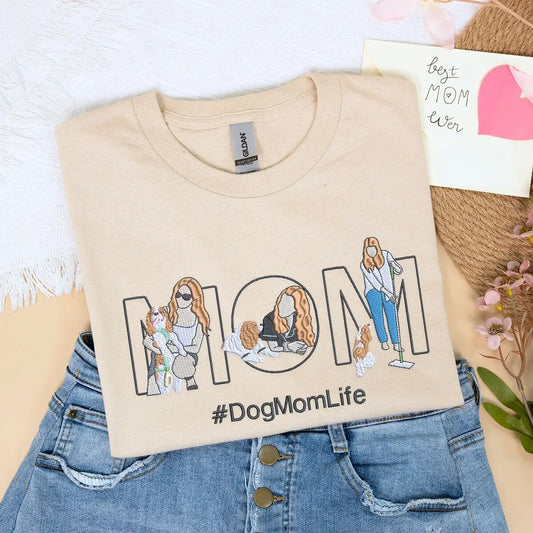 Custom embroidered t-shirt with a dog’s photo and name for dog moms, ideal personalized pet gift