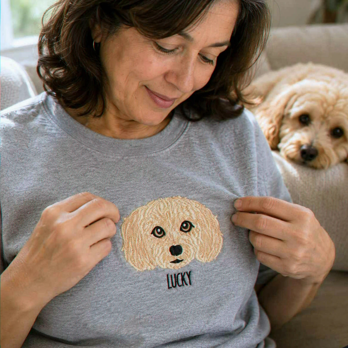 Custom Dog Portrait T-shirt for Birthday Mom - Embroidered Pet Photo Tee & Name - Gift for Her