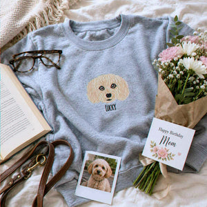 Custom Dog Portrait T-shirt for Birthday Mom - Embroidered Pet Photo Tee & Name - Gift for Her