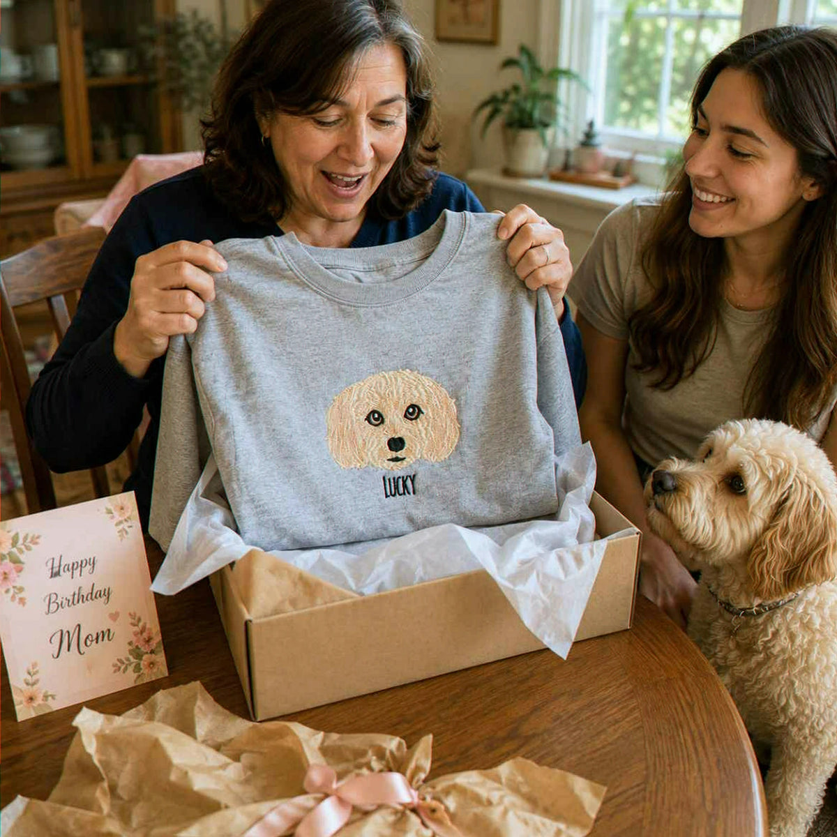 Custom Dog Portrait T-shirt for Birthday Mom - Embroidered Pet Photo Tee & Name - Gift for Her