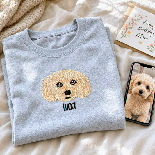 Custom Dog Portrait T-shirt for Birthday Mom - Embroidered Pet Photo Tee & Name - Gift for Her