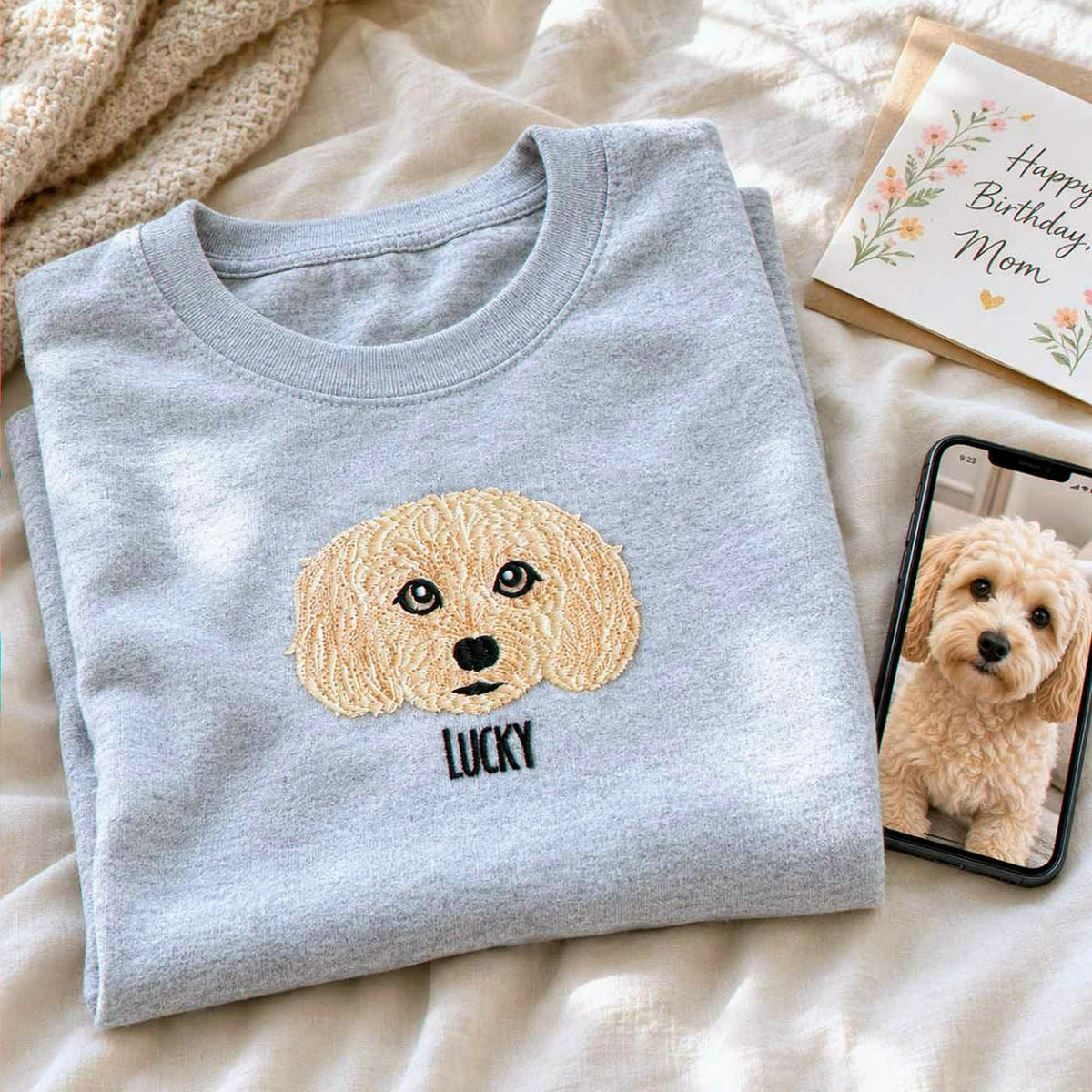 Custom Dog Portrait T-shirt for Birthday Mom - Embroidered Pet Photo Tee & Name - Gift for Her