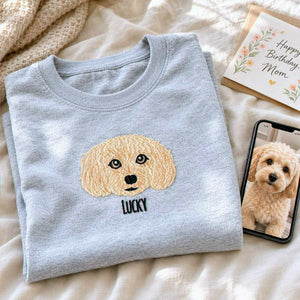 Custom Dog Portrait T-shirt for Birthday Mom - Embroidered Pet Photo Tee & Name - Gift for Her