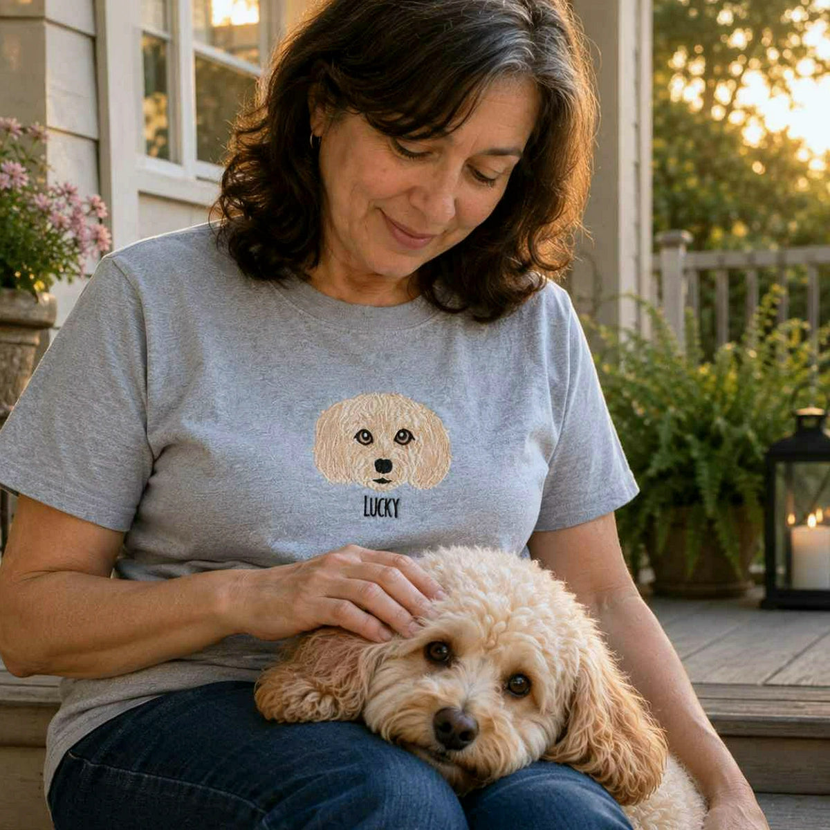 Custom Dog Portrait T-shirt for Birthday Mom - Embroidered Pet Photo Tee & Name - Gift for Her
