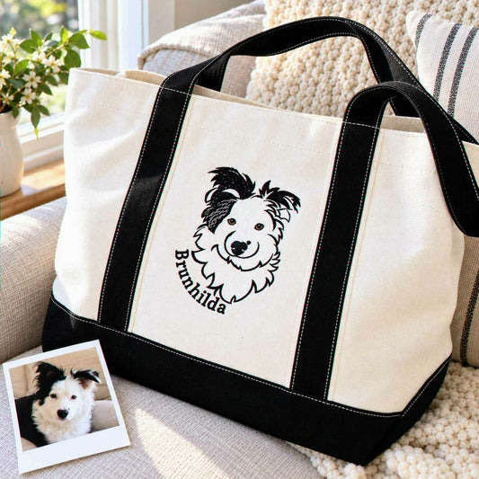 Custom Dog Outline Tote Bag for Birthday Mom - Minimalist Embroidered Pet Photo Canvas Tote & Name - Gift for Her