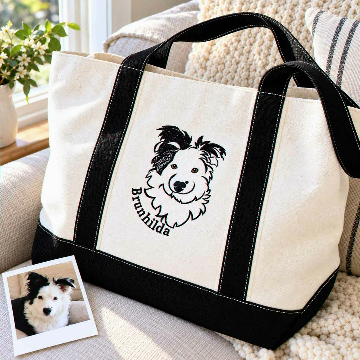 Custom Dog Outline Tote Bag for Birthday Mom - Minimalist Embroidered Pet Photo Canvas Tote & Name - Gift for Her