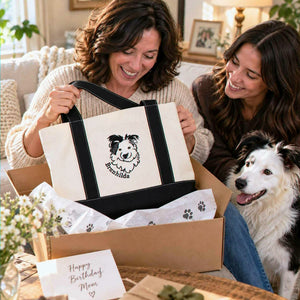 Custom Dog Outline Tote Bag for Birthday Mom - Minimalist Embroidered Pet Photo Canvas Tote & Name - Gift for Her