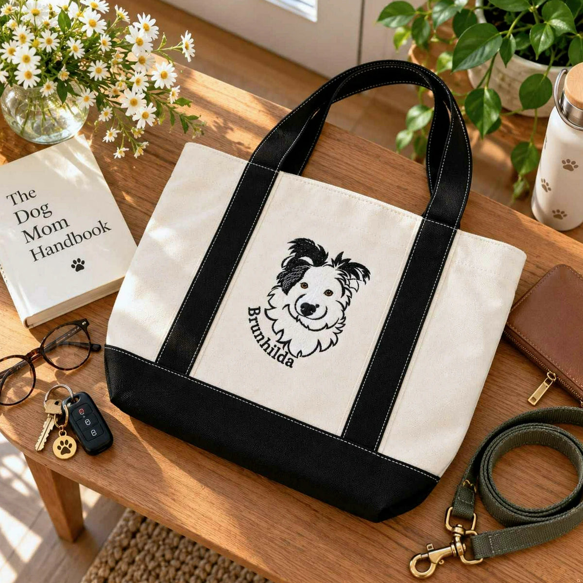 Custom Dog Outline Tote Bag for Birthday Mom - Minimalist Embroidered Pet Photo Canvas Tote & Name - Gift for Her