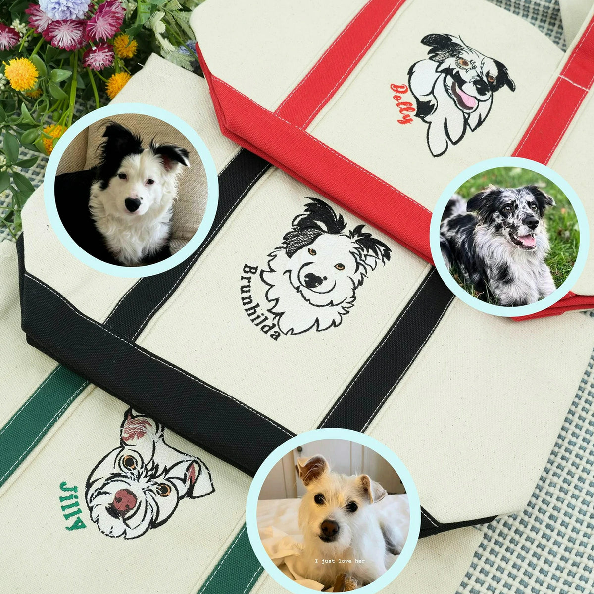 Natural Tote Bag Custom Dog Portrait Embroidered for Dog Mom, Birthday Gift