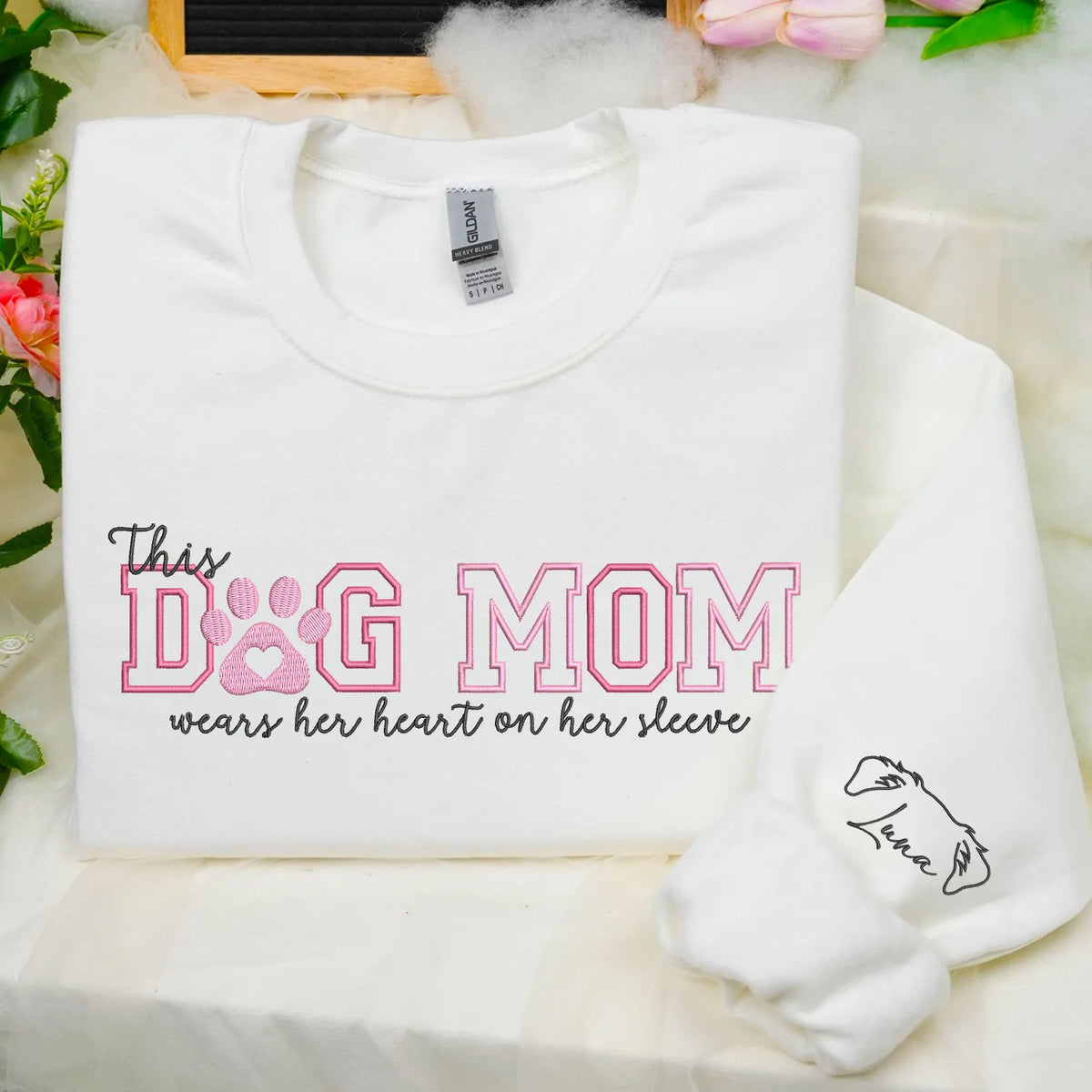 Custom Dog Mom Embroidered Sweatshirt Hoodie with Dog Ears on Sleeve, Personalized Gift for Dog Moms