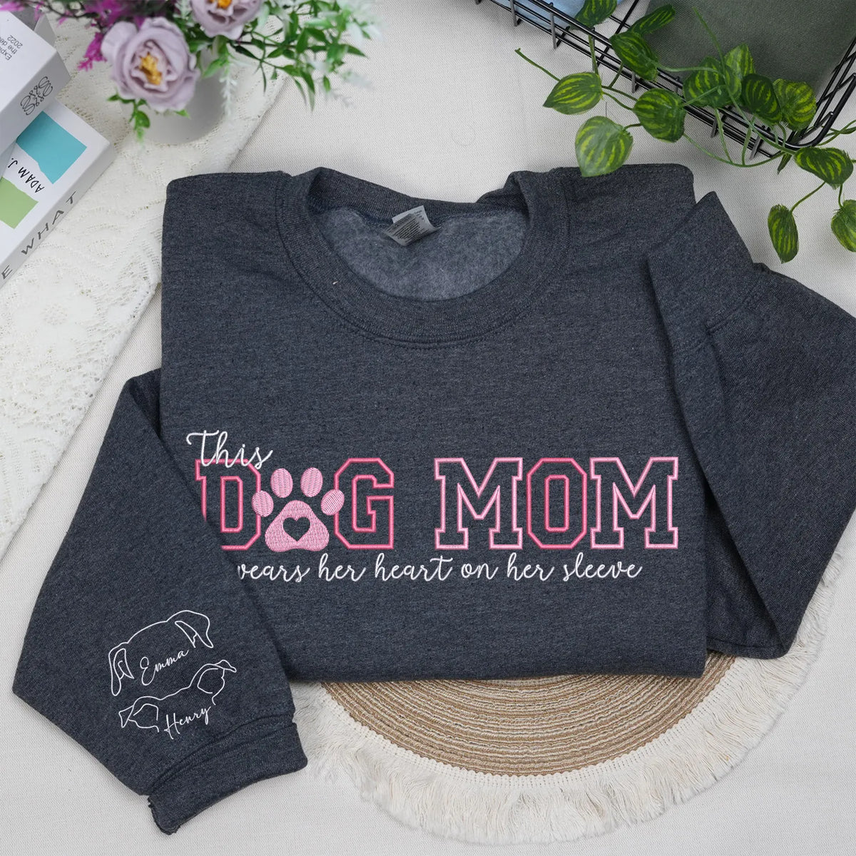 Custom Dog Mom Embroidered Sweatshirt Hoodie with Dog Ears on Sleeve, Personalized Gift for Dog Moms