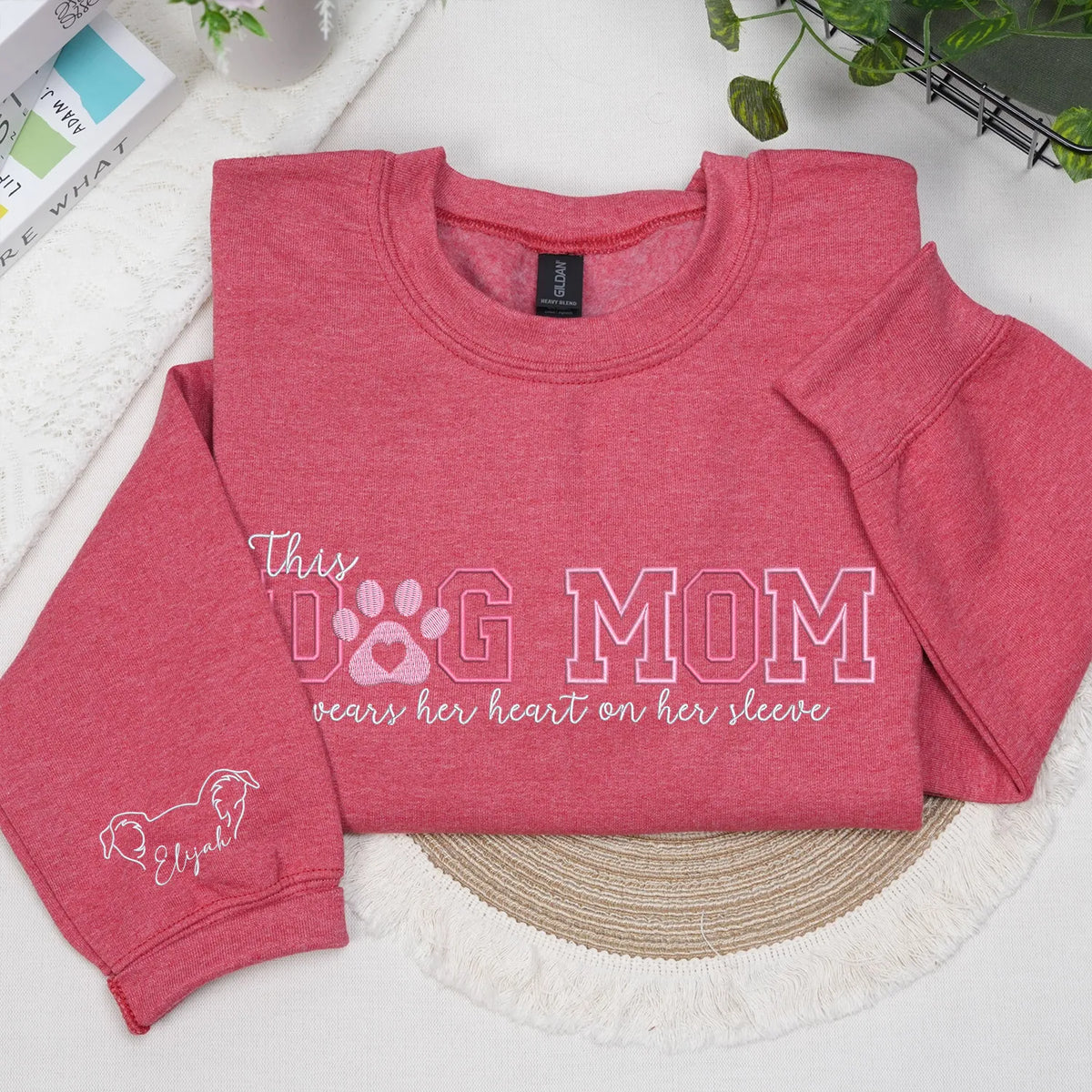 Custom Dog Mom Embroidered Sweatshirt Hoodie with Dog Ears on Sleeve, Personalized Gift for Dog Moms
