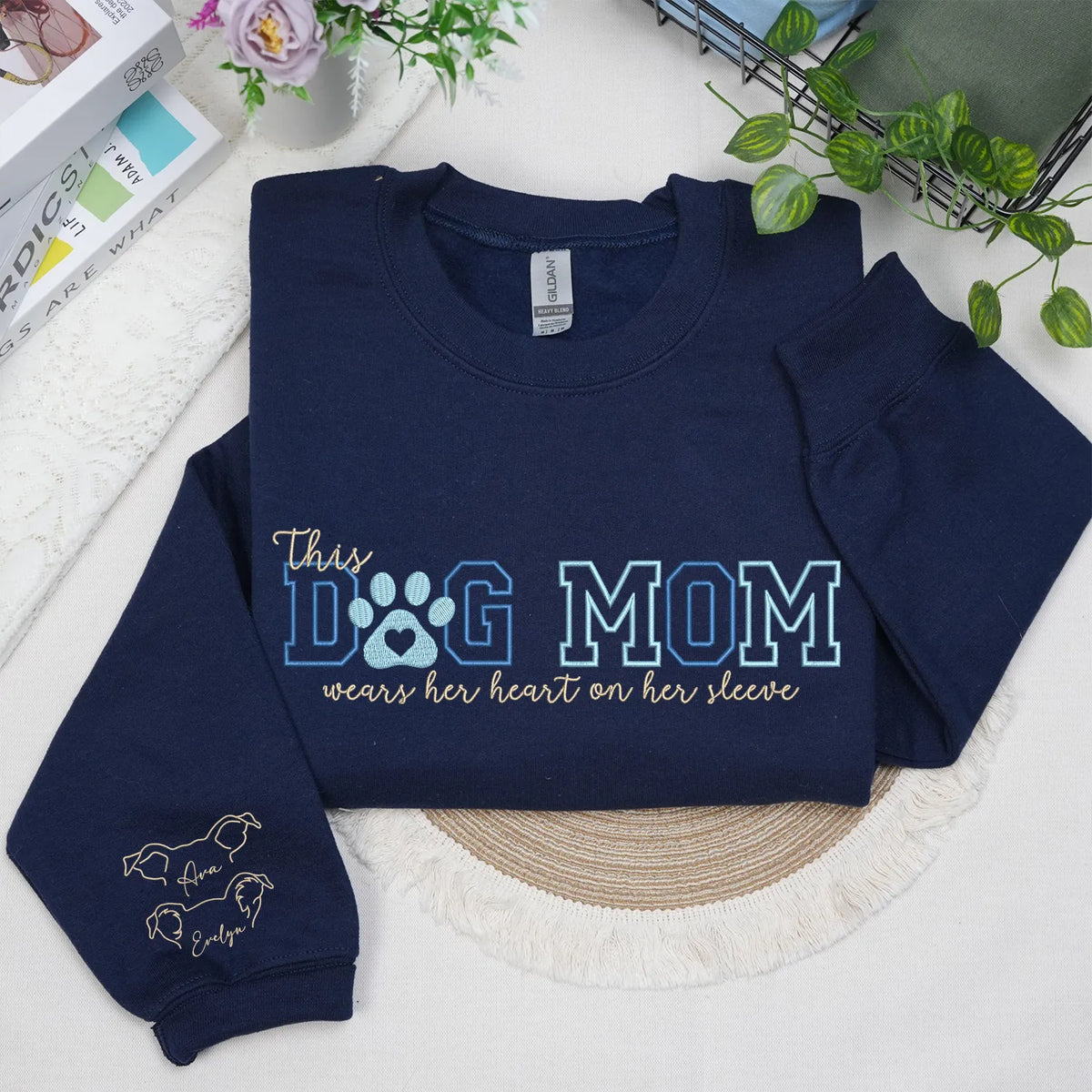 Custom Dog Mom Embroidered Sweatshirt Hoodie with Dog Ears on Sleeve, Personalized Gift for Dog Moms