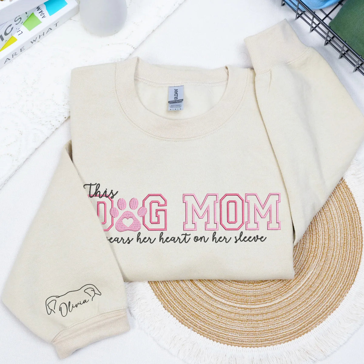Custom Dog Mom Embroidered Sweatshirt Hoodie with Dog Ears on Sleeve, Personalized Gift for Dog Moms