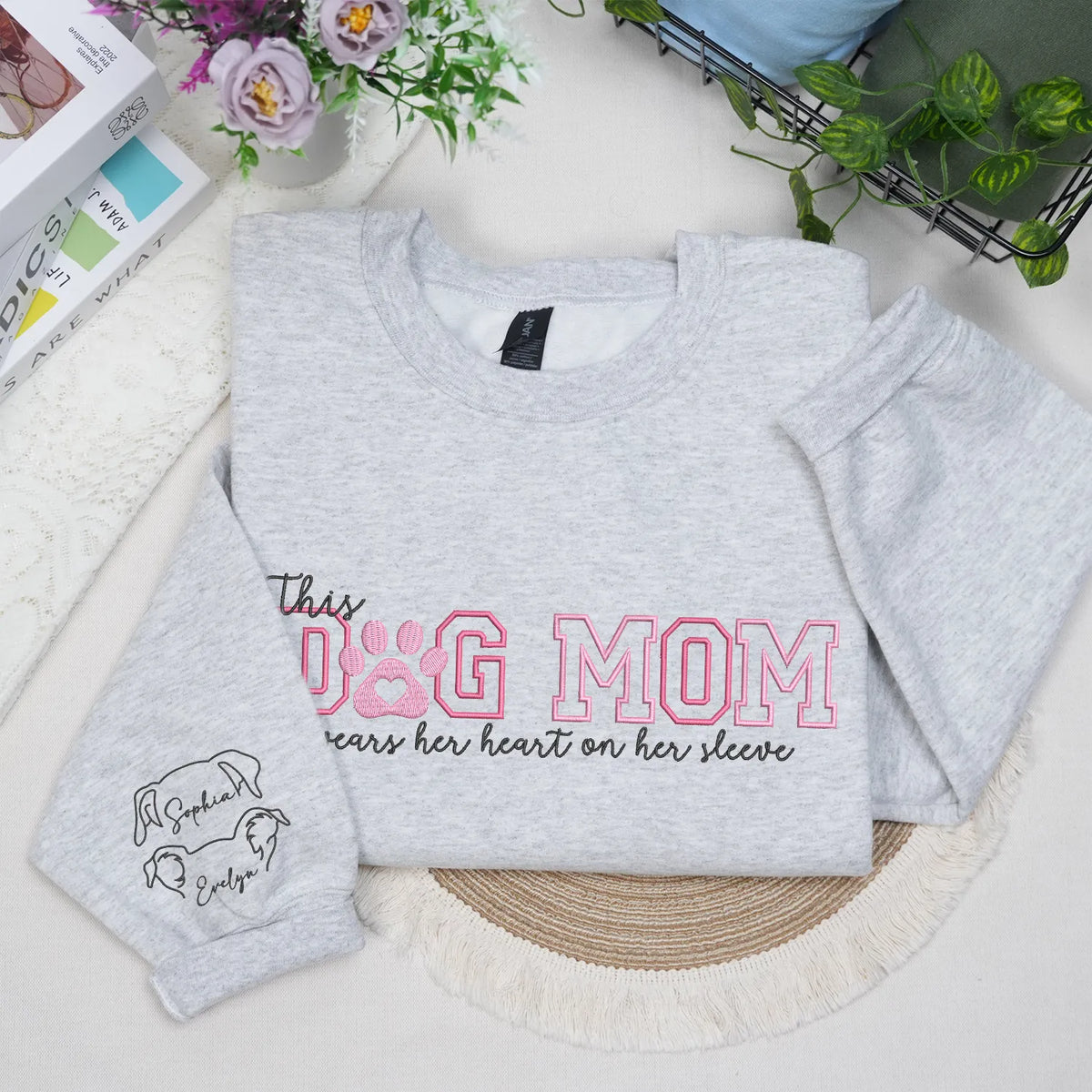 Custom Dog Mom Embroidered Sweatshirt Hoodie with Dog Ears on Sleeve, Personalized Gift for Dog Moms
