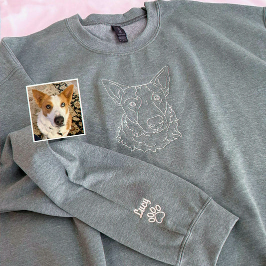 Charcoal Custom Dog Portrait from Photo Embroidered Sweatshirt, Gift for Boyfriend