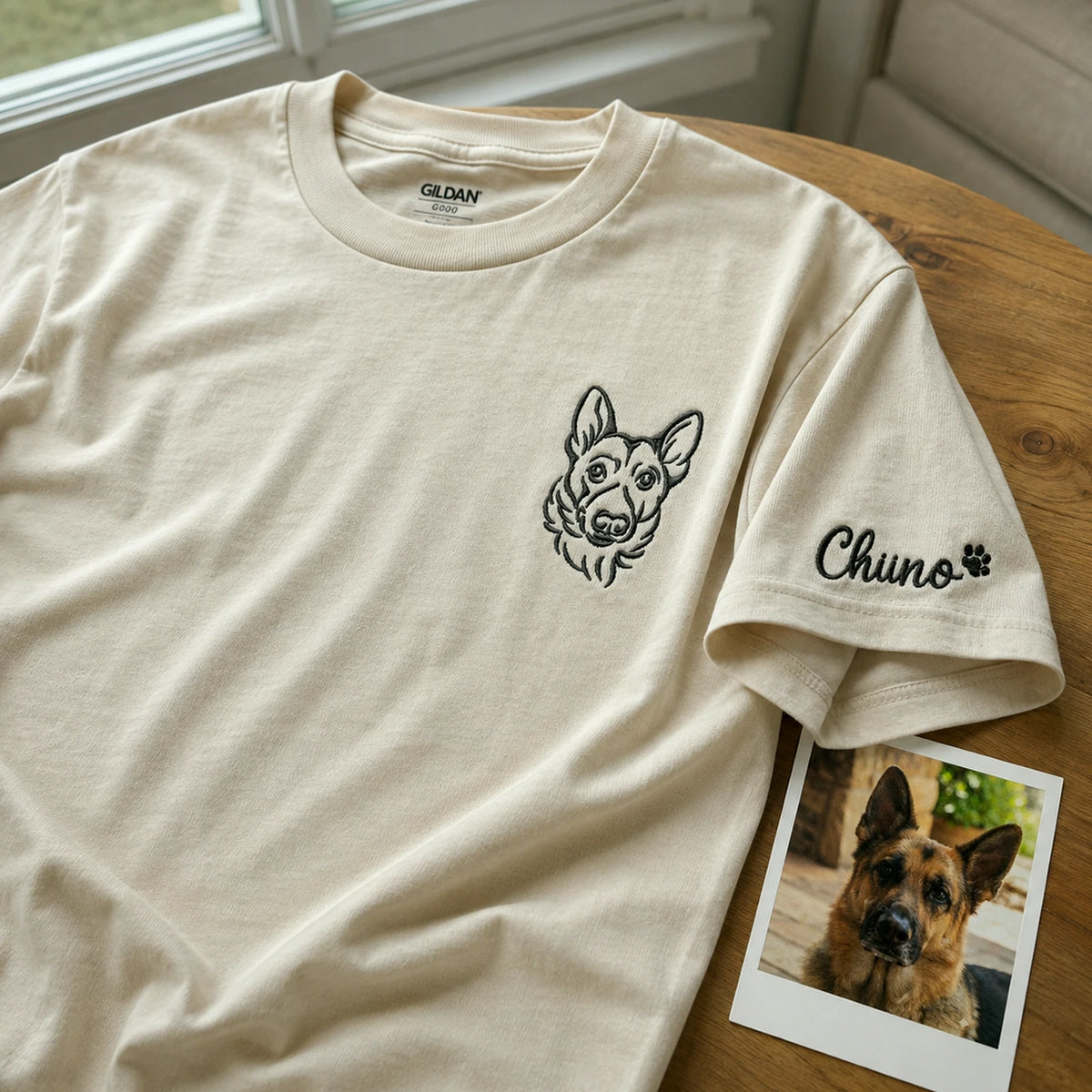 Custom Dog Outline T-shirt for Birthday Son - Minimalist Embroidered Pet Photo Tee & Name - Gift for Him