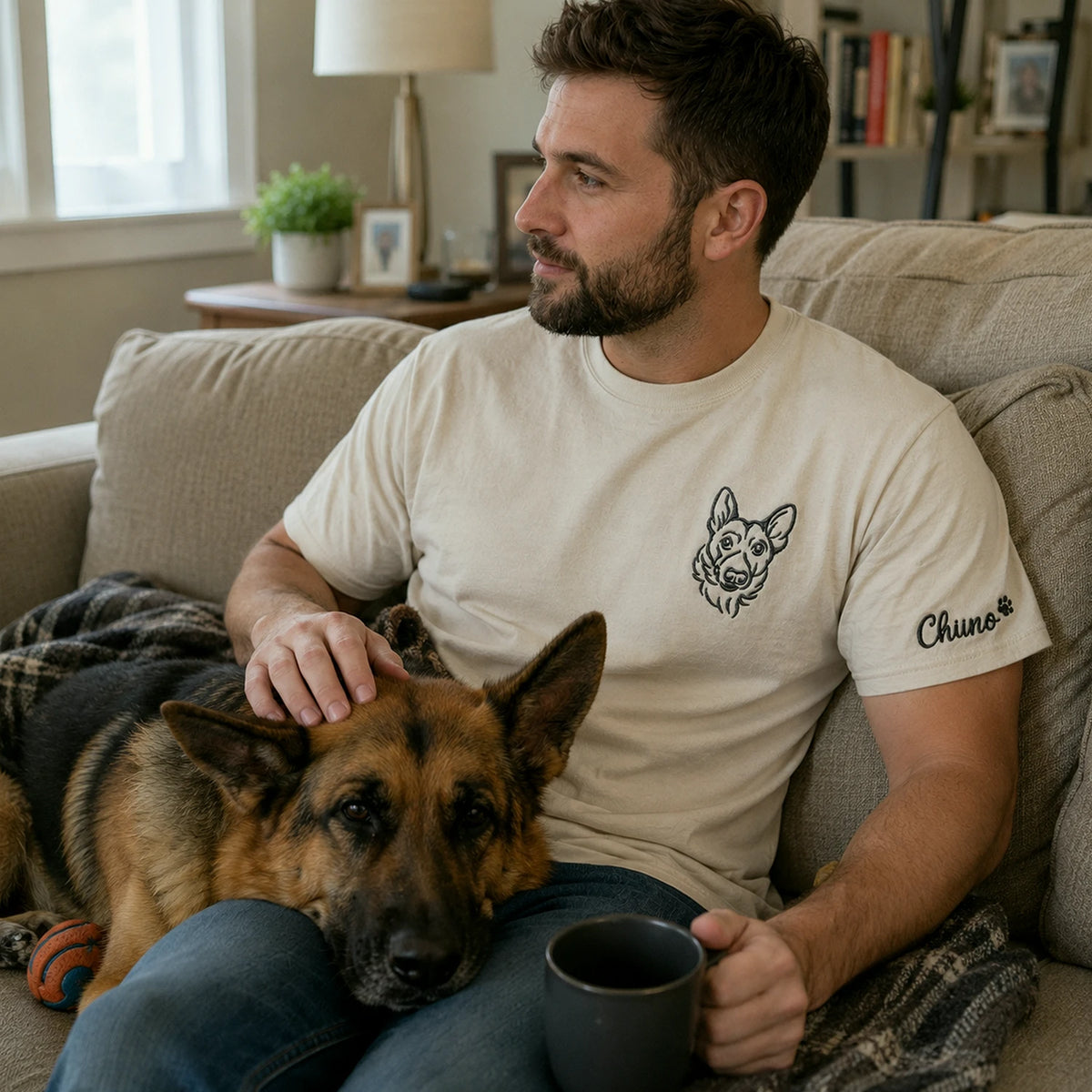 Custom Dog Outline T-shirt for Birthday Son - Minimalist Embroidered Pet Photo Tee & Name - Gift for Him