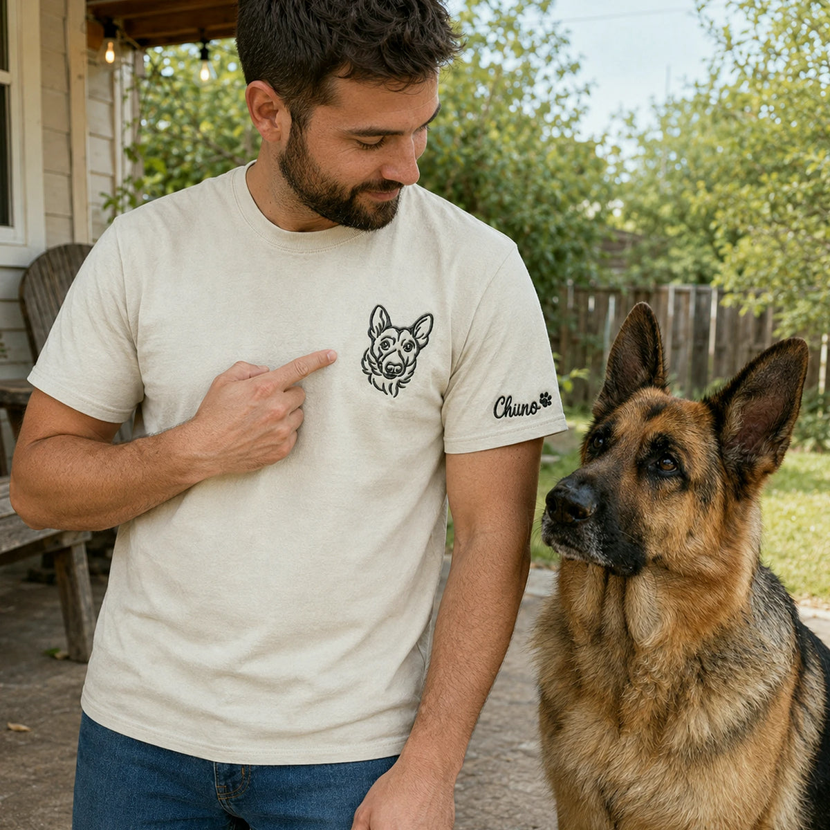 Custom Dog Outline T-shirt for Birthday Son - Minimalist Embroidered Pet Photo Tee & Name - Gift for Him