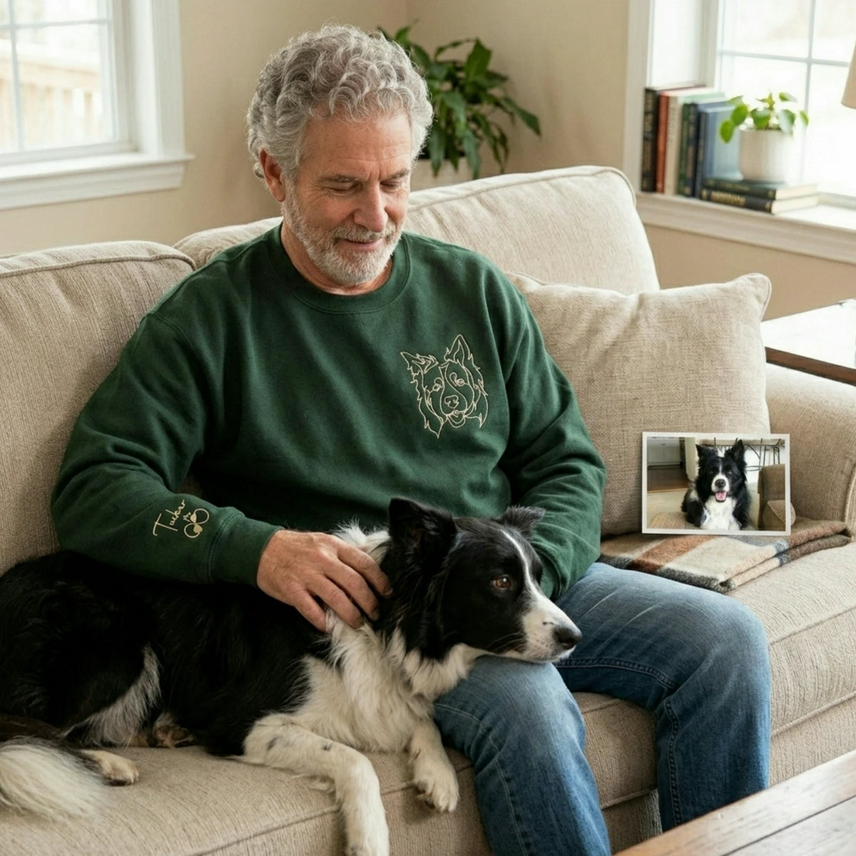 Custom Dog Outline Sweatshirt for Birthday Grandpa - Minimalist Embroidered Pet Photo Crewneck & Name - Gift for Him