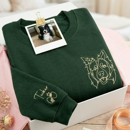 Custom Dog Outline Sweatshirt for Birthday Girlfriend - Minimalist Embroidered Pet Photo Crewneck & Name - Gift for Her