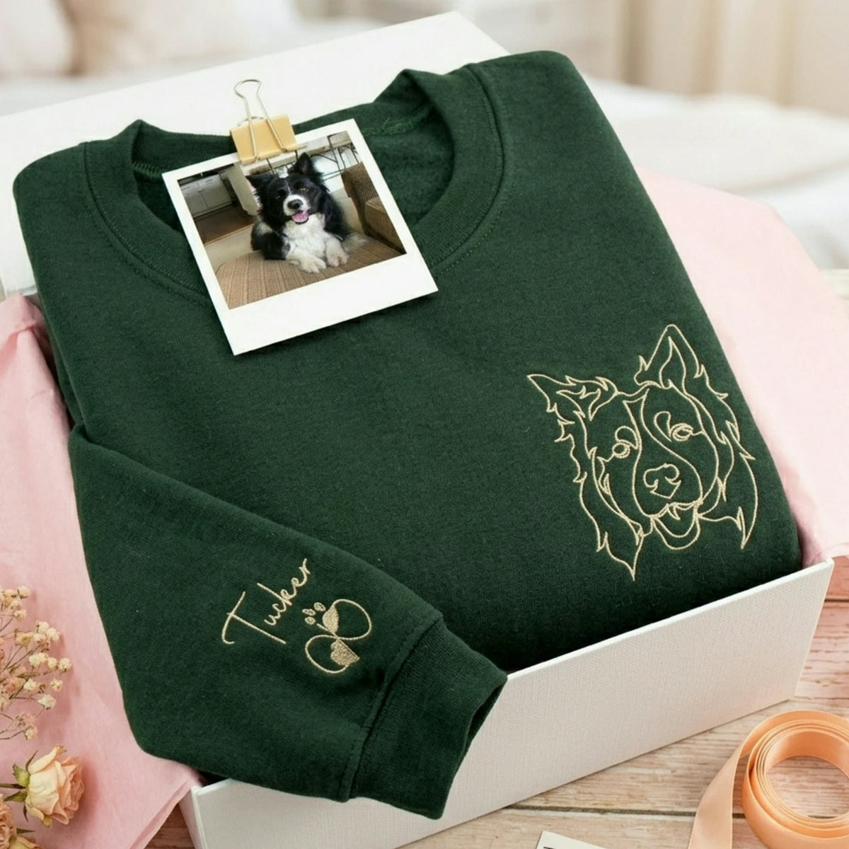 Custom Dog Outline Sweatshirt for Birthday Girlfriend - Minimalist Embroidered Pet Photo Crewneck & Name - Gift for Her