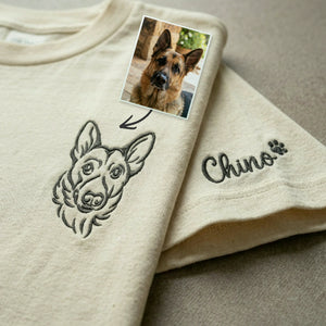 Custom Dog Outline T-shirt for Birthday Son - Minimalist Embroidered Pet Photo Tee & Name - Gift for Him