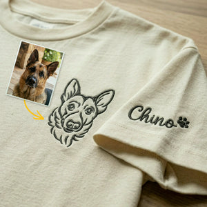 Custom Dog Outline T-shirt for Birthday Son - Minimalist Embroidered Pet Photo Tee & Name - Gift for Him