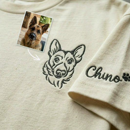 Custom Dog Outline T-shirt for Birthday Son - Minimalist Embroidered Pet Photo Tee & Name - Gift for Him
