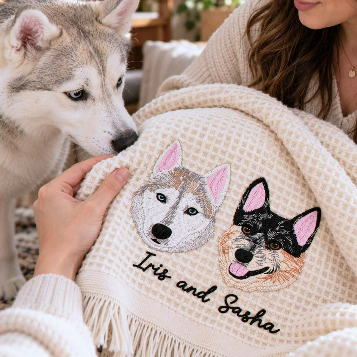 Custom Pet Photo Blanket with Name, Embroidered Dog Portrait Waffle Throw Blanket, Christmas Gift for Dog Mom