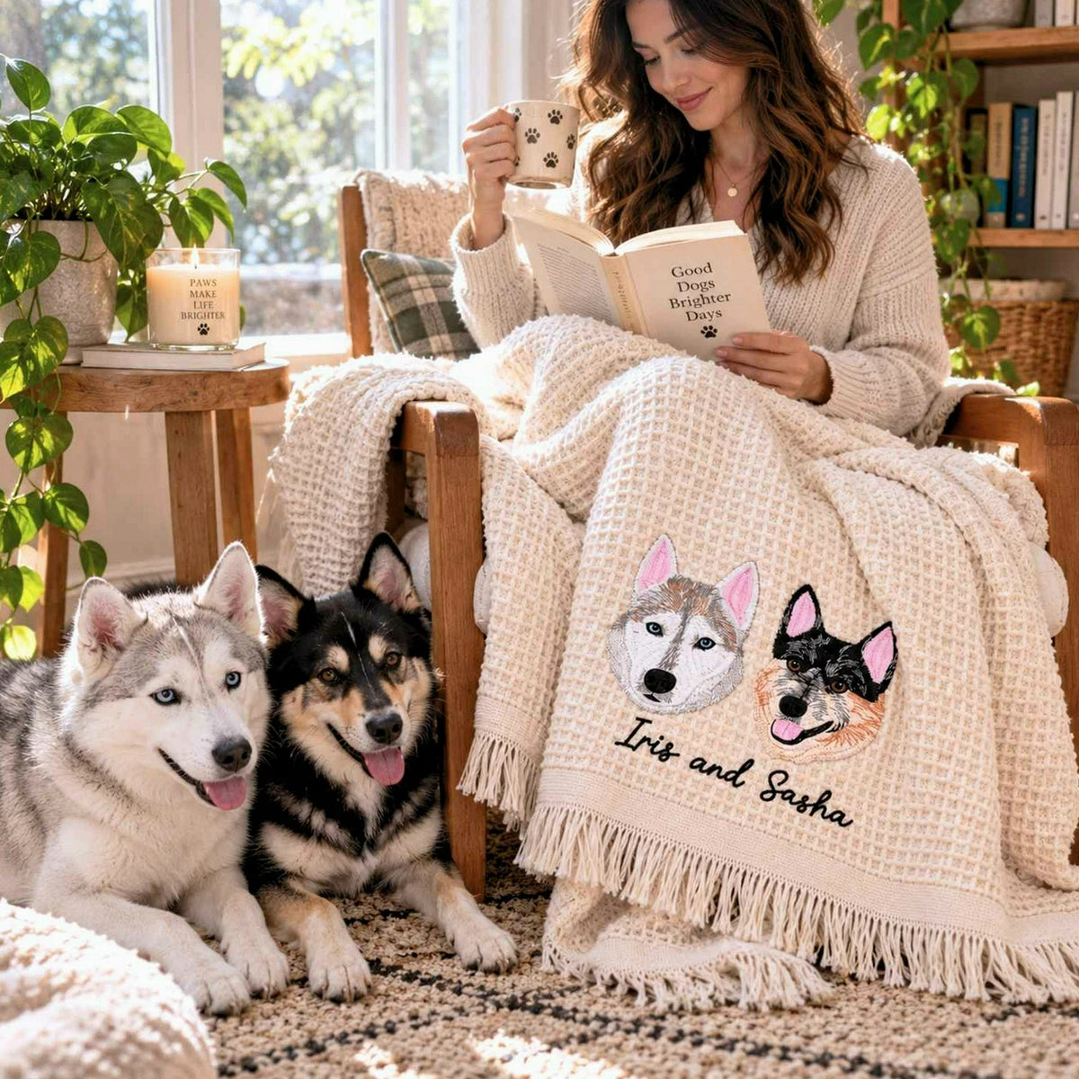 Custom Pet Photo Blanket with Name, Embroidered Dog Portrait Waffle Throw Blanket, Christmas Gift for Dog Mom