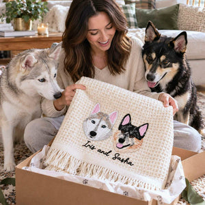 Custom Pet Photo Blanket with Name, Embroidered Dog Portrait Waffle Throw Blanket, Christmas Gift for Dog Mom