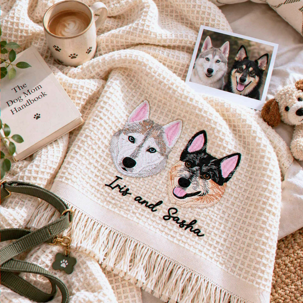 Custom Pet Photo Blanket with Name, Embroidered Dog Portrait Waffle Throw Blanket, Christmas Gift for Dog Mom