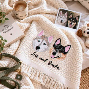 Custom Pet Photo Blanket with Name, Embroidered Dog Portrait Waffle Throw Blanket, Christmas Gift for Dog Mom